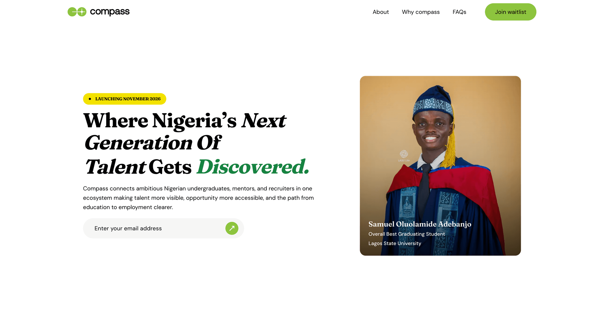 Compass, A polished, responsive waitlist experience for a career platform connecting Nigerian students, recruiters, and mentors. Built with a focus on clear product communication, UI quality, and SEO.